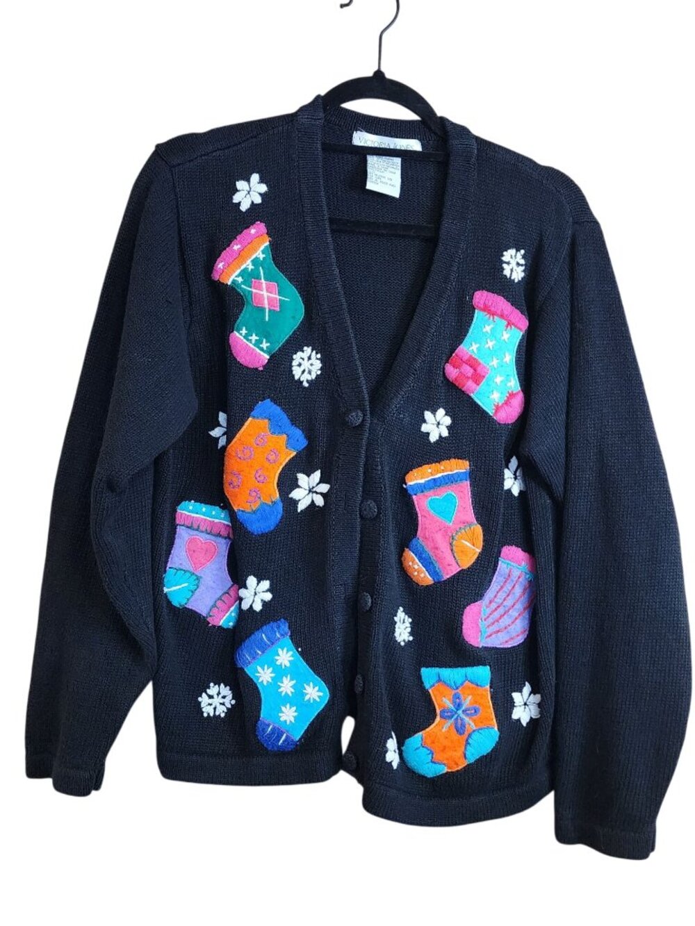Vintage Victoria Jones Christmas Cardigan Sweater Stockings Women’s L Holiday
